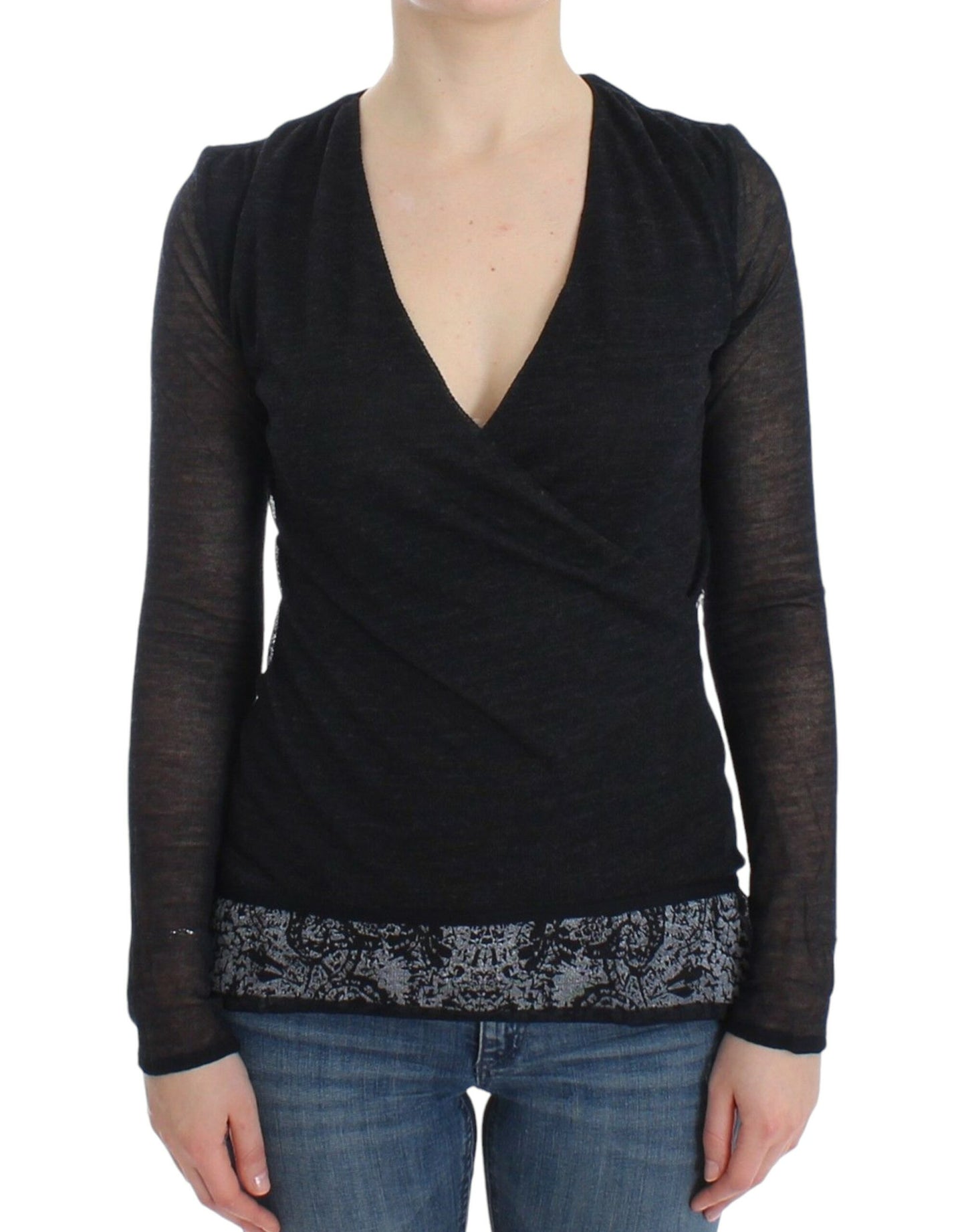 Ermanno Scervino Deep V-neck Black Wool Blend Sweater Ermanno Scervino