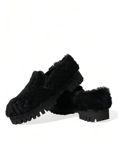 Dolce & Gabbana Elegant Black Fur Slip On Loafers for Men Dolce & Gabbana