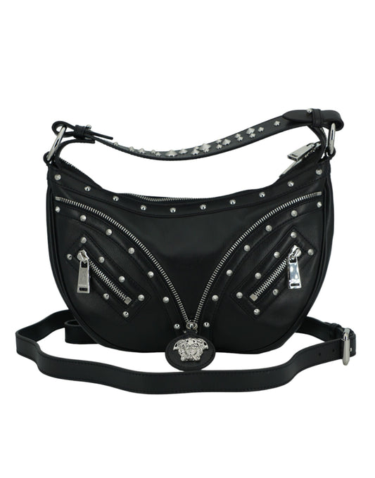 Versace Elegant Black Leather Hobo Shoulder Bag Versace