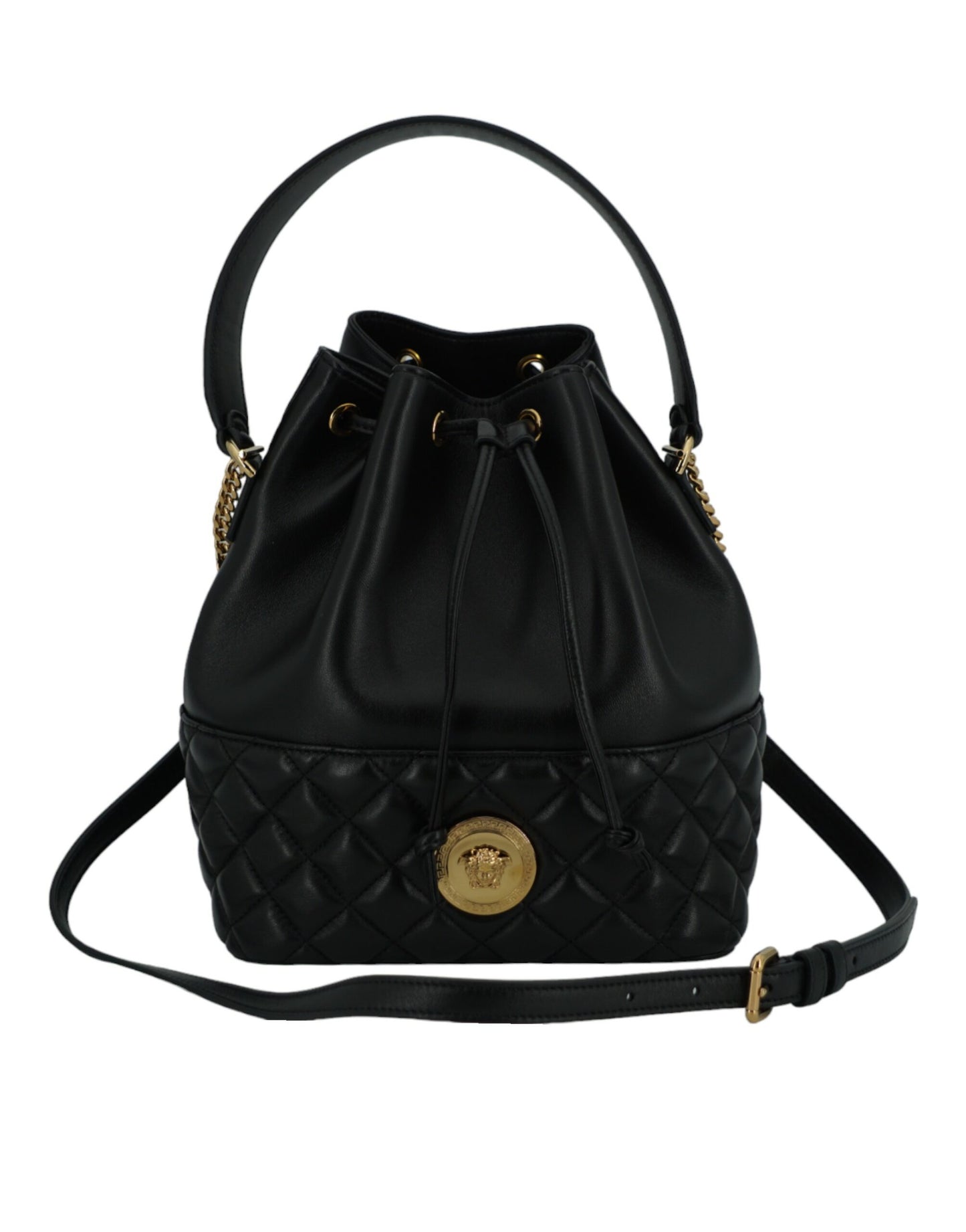 Versace Elegant Black Leather Medusa Bucket Shoulder Bag Versace