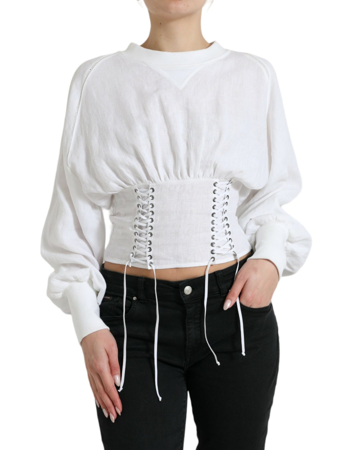 Dolce & Gabbana Elegant White Lace-Up Corset Cropped Top Dolce & Gabbana