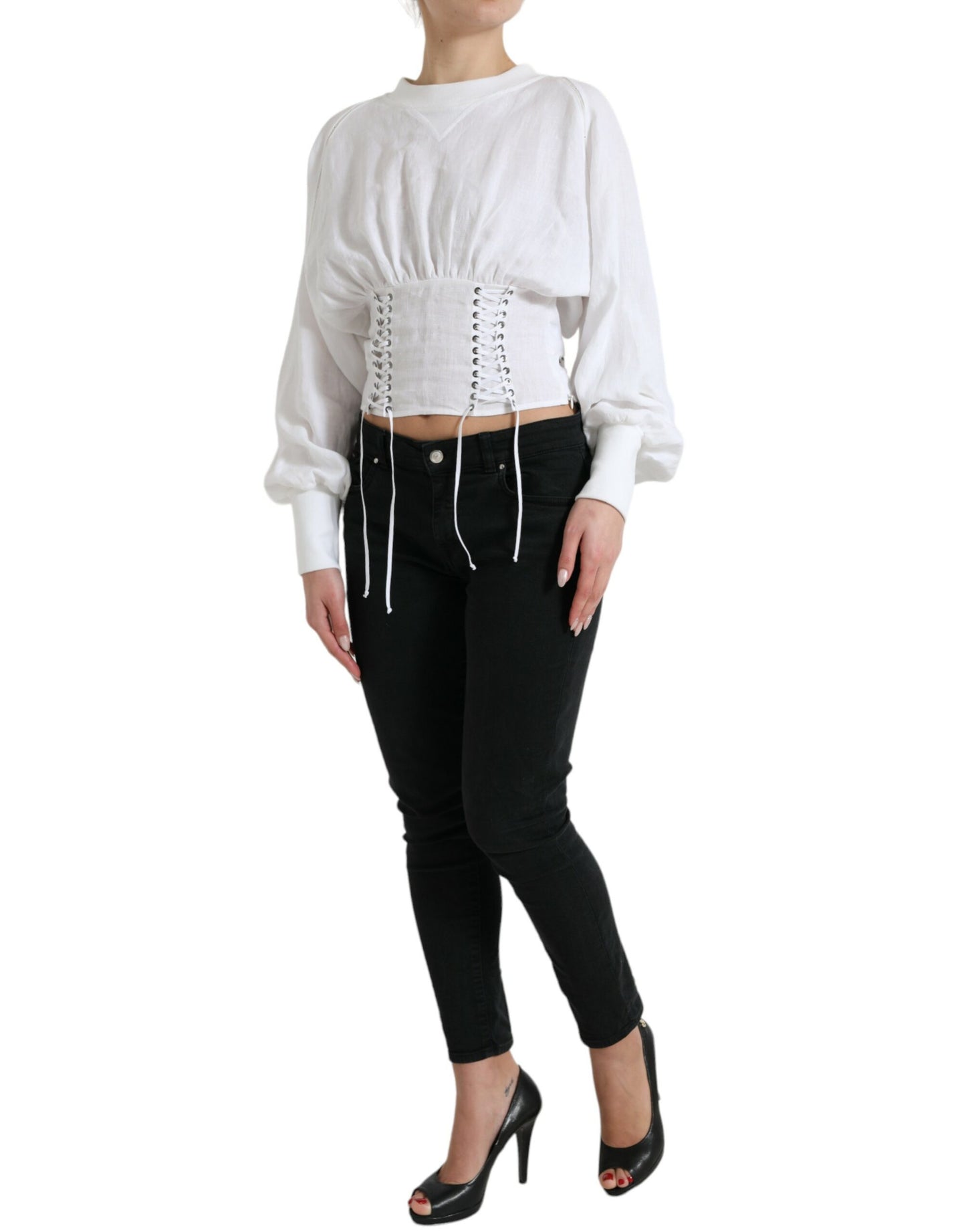 Dolce & Gabbana Elegant White Lace-Up Corset Cropped Top Dolce & Gabbana