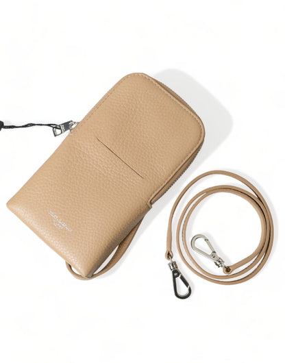 Dolce & Gabbana Elegant Beige Leather Crossbody Phone Bag Dolce & Gabbana