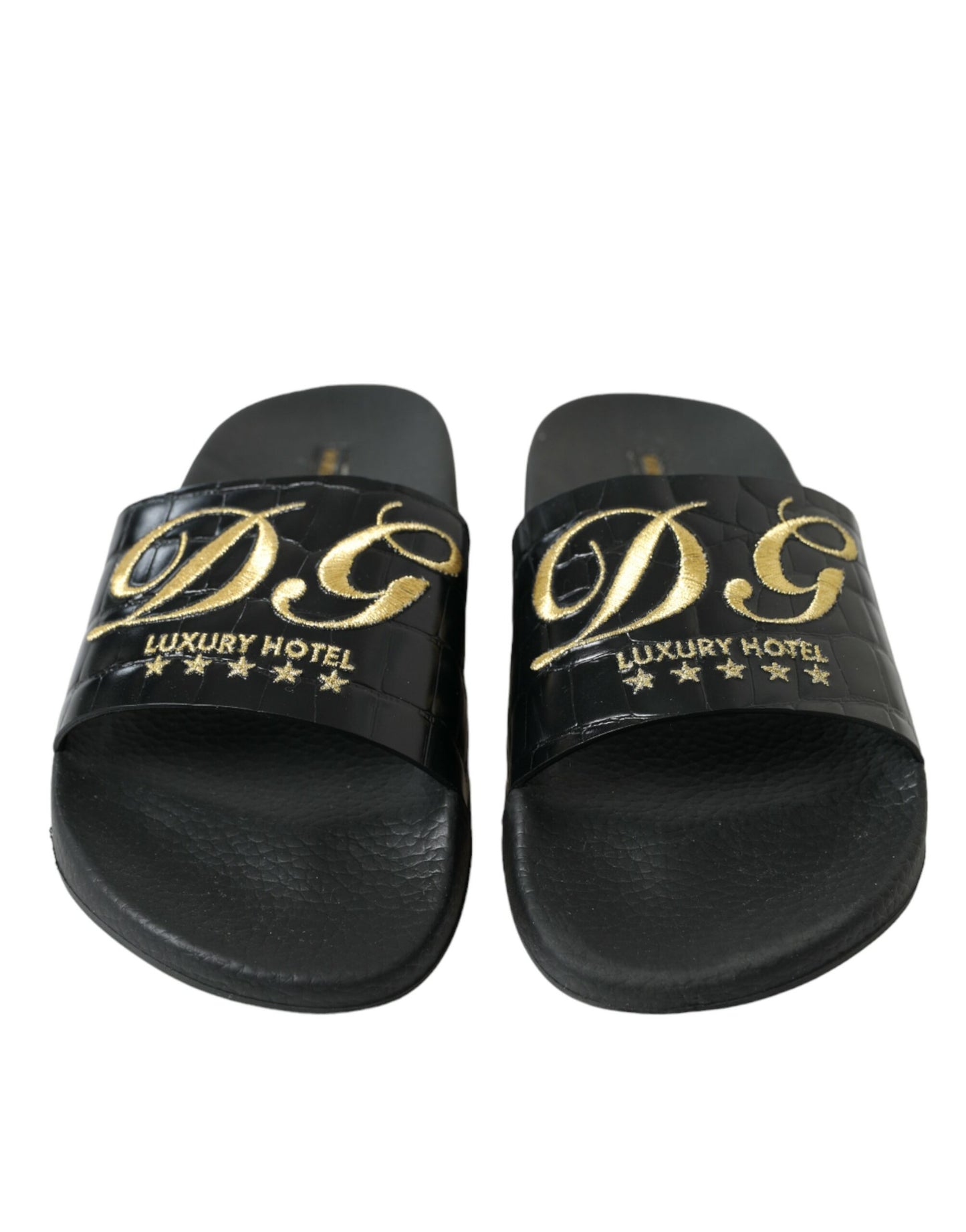 Dolce & Gabbana Elegant Black and Gold Leather Slides Dolce & Gabbana