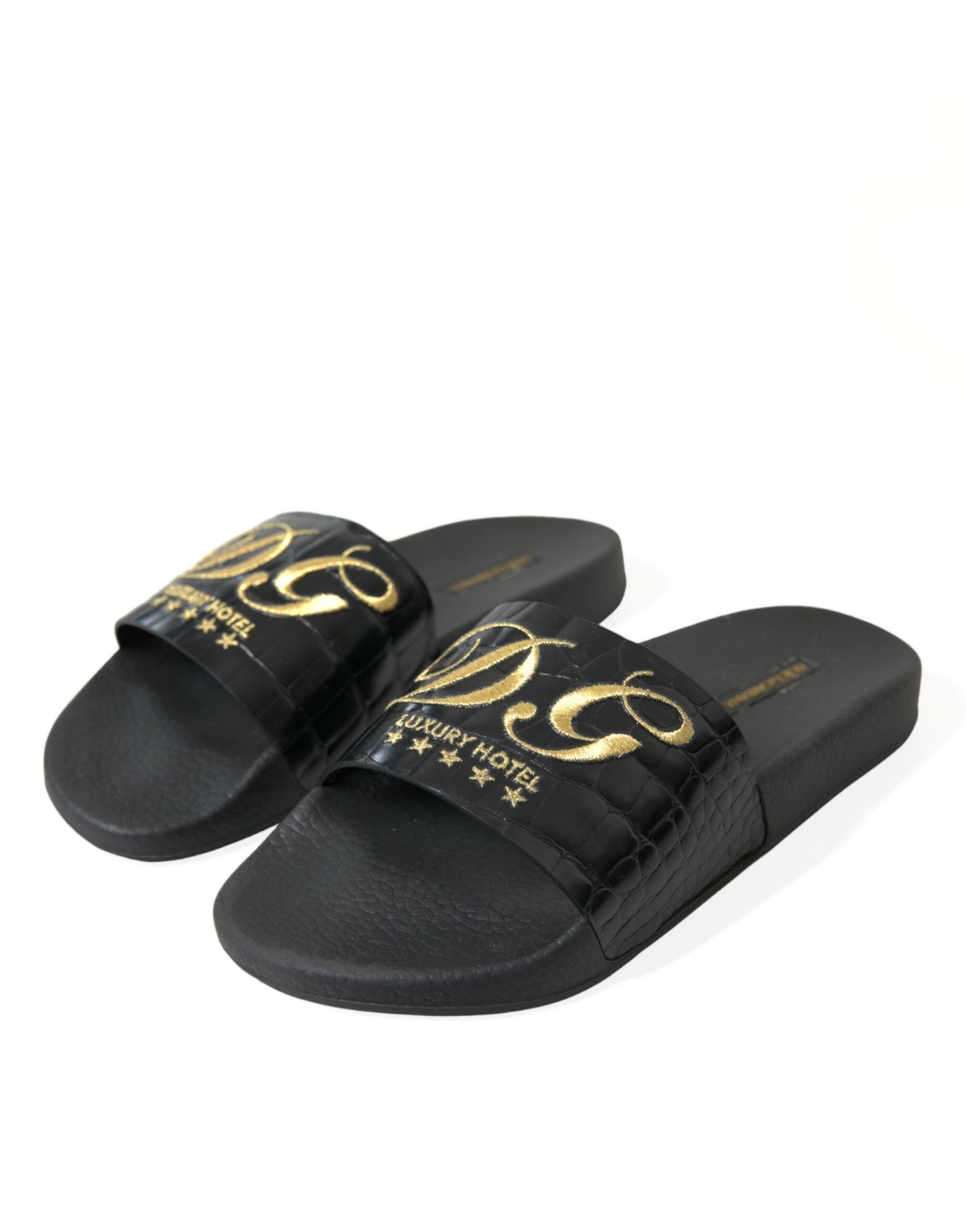 Dolce & Gabbana Elegant Black and Gold Leather Slides Dolce & Gabbana