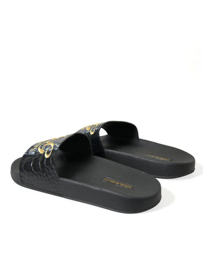 Dolce & Gabbana Elegant Black and Gold Leather Slides Dolce & Gabbana