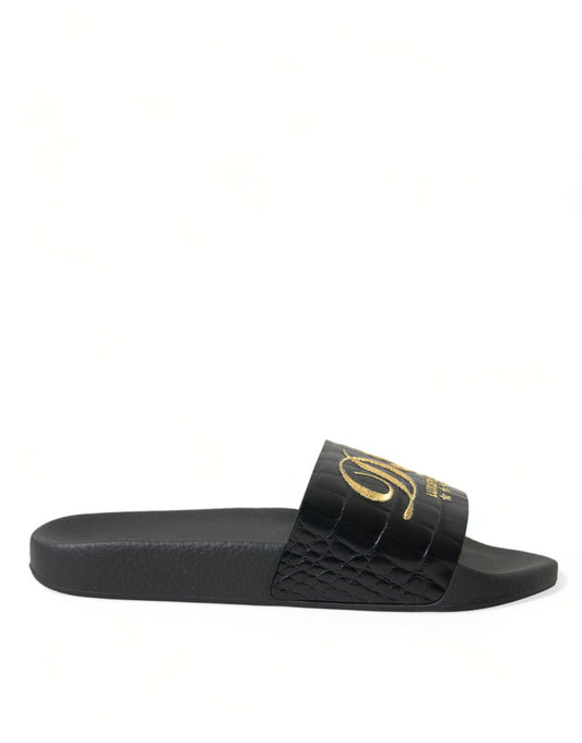 Dolce & Gabbana Elegant Black and Gold Leather Slides Dolce & Gabbana