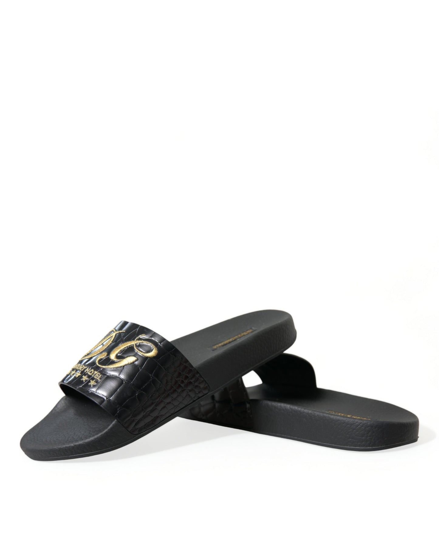 Dolce & Gabbana Elegant Black and Gold Leather Slides Dolce & Gabbana