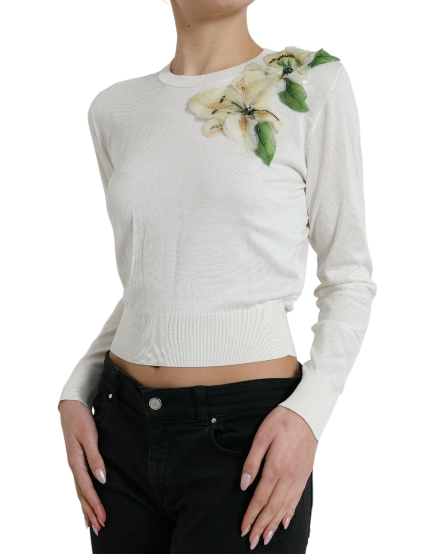 Dolce & Gabbana Silk Floral Applique Pullover Sweater Dolce & Gabbana