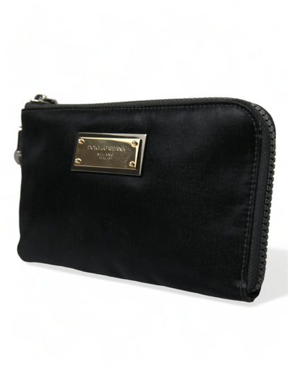 Dolce & Gabbana Elegant Black Nylon Leather Pouch with Silver Details Dolce & Gabbana