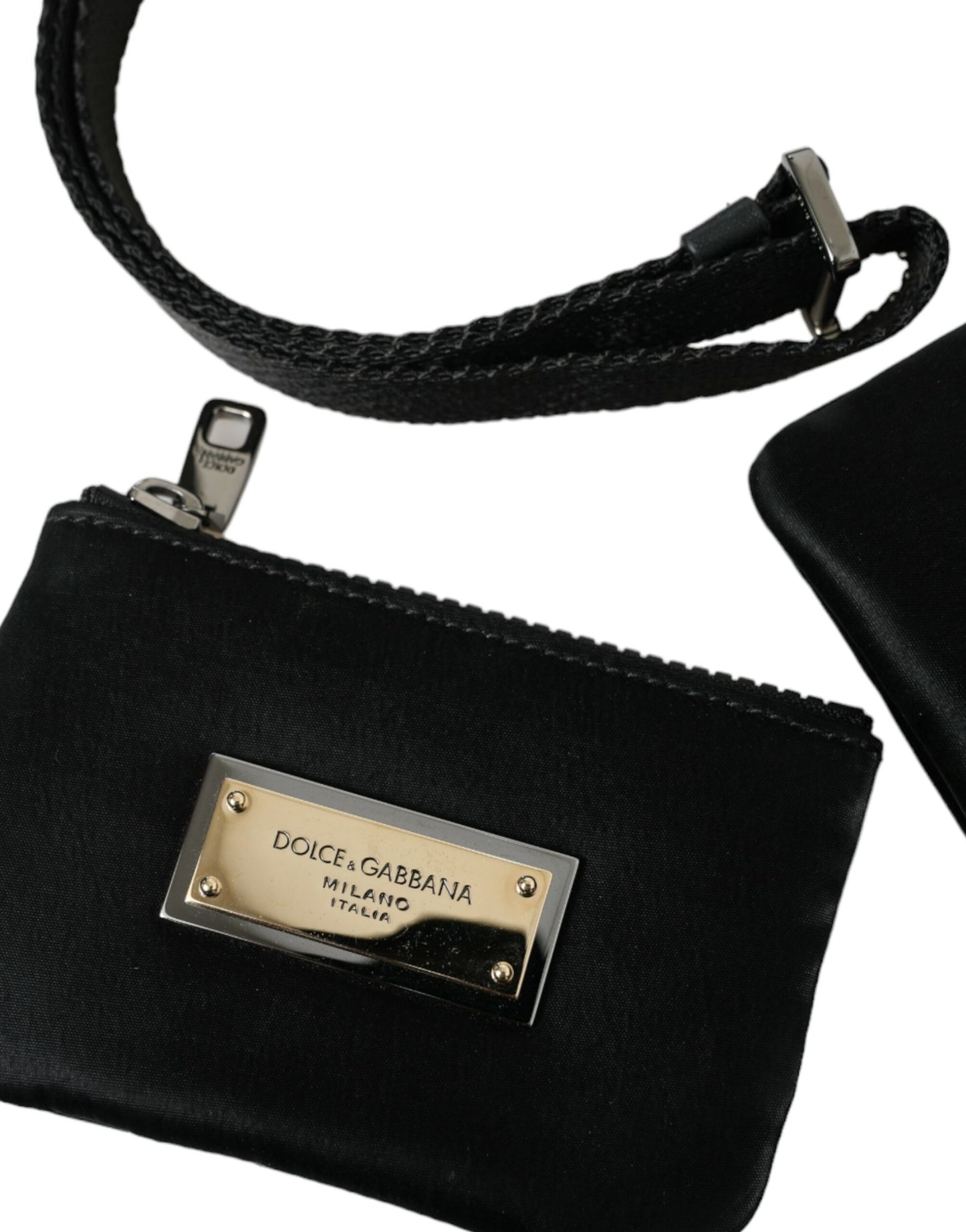 Dolce & Gabbana Elegant Black Nylon Leather Pouch with Silver Details Dolce & Gabbana