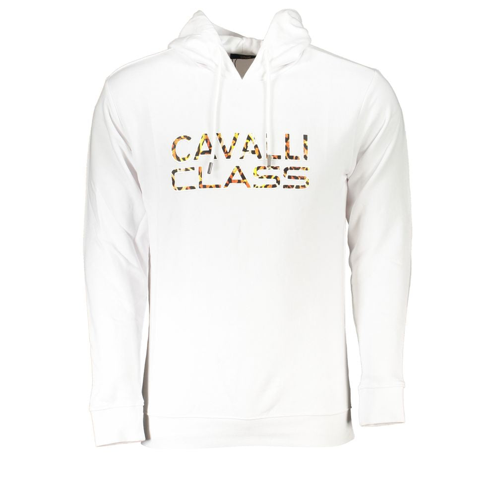 Cavalli Class Elegant White Hooded Sweatshirt with Logo Print Cavalli Class