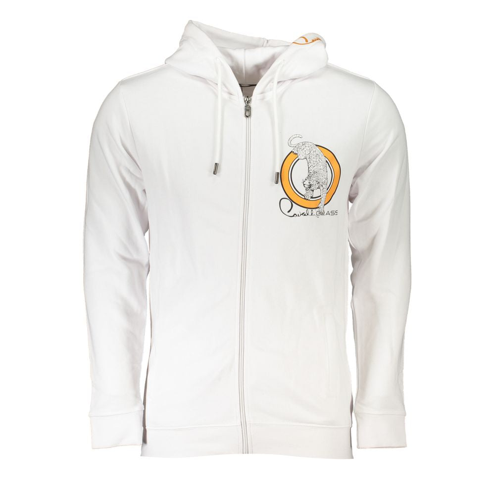 Cavalli Class Sleek White Designer Hoodie with Zip Detail Cavalli Class