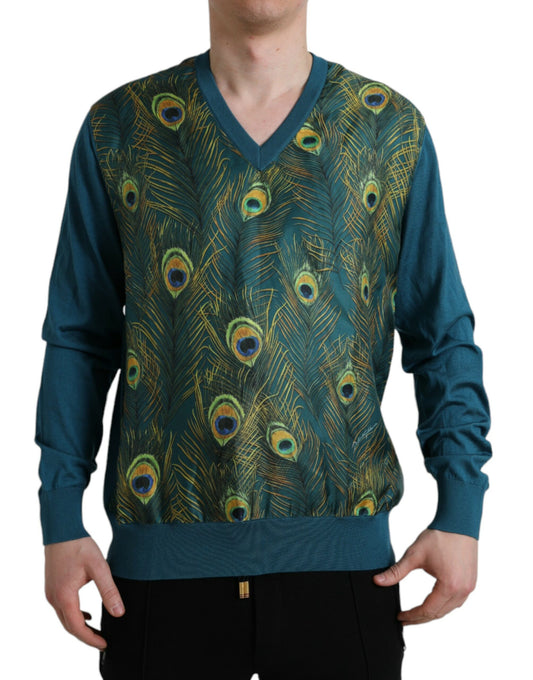 Dolce & Gabbana Silk V-Neck Peacock Feather Sweater Dolce & Gabbana