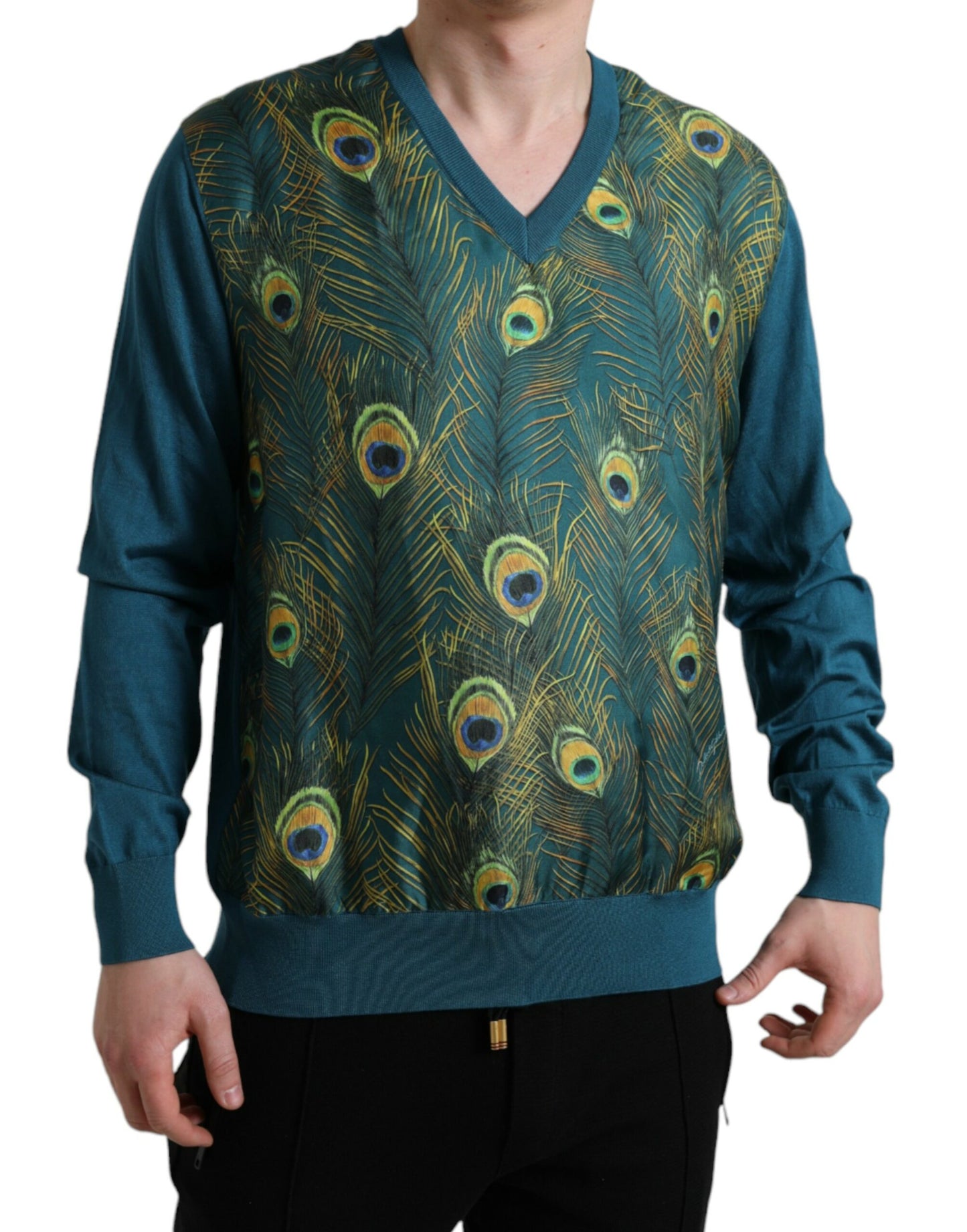 Dolce & Gabbana Silk V-Neck Peacock Feather Sweater Dolce & Gabbana