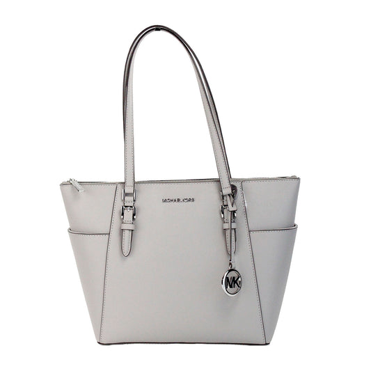 Michael Kors Charlotte Pearl Grey Large Leather Top Zip Tote Bag Purse Michael Kors