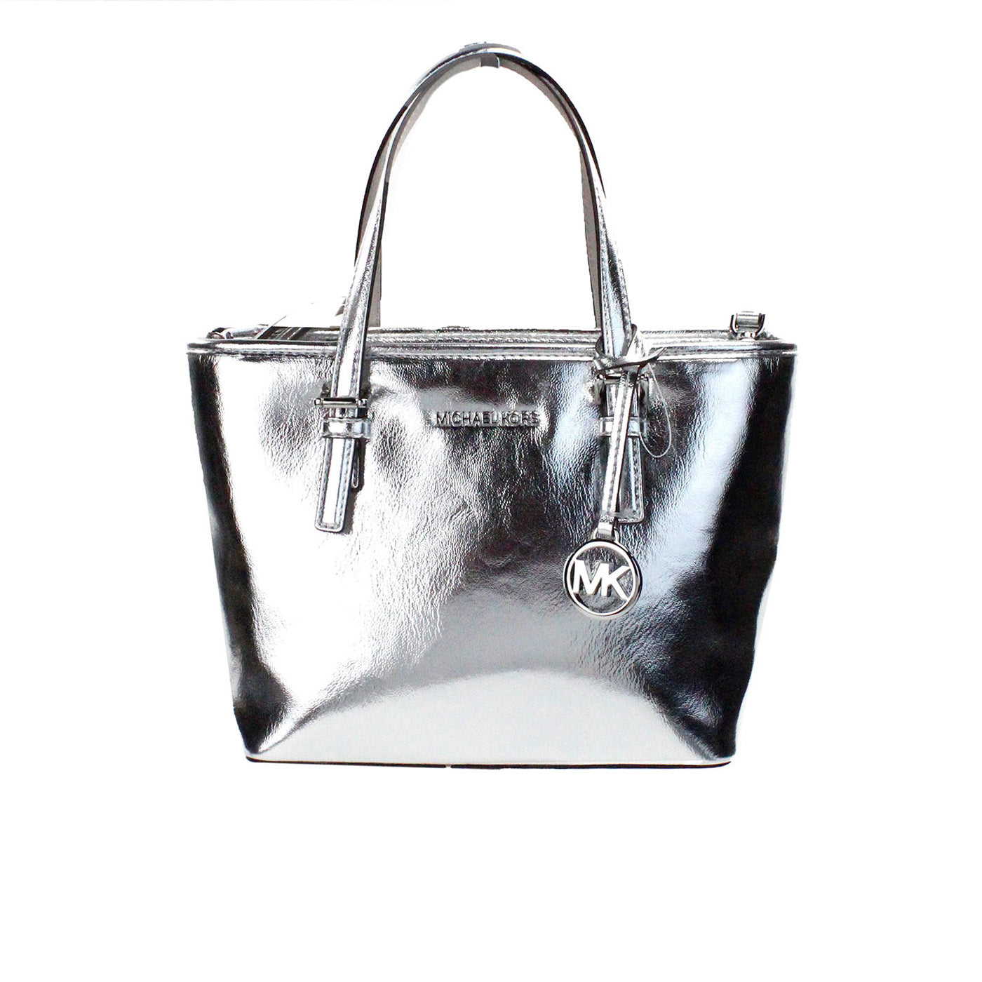 Michael Kors Jet Set Silver Metallic XS Carryall Top Zip Tote Bag Purse Michael Kors