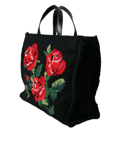 Dolce & Gabbana Chic Embroidered Floral Black Tote Dolce & Gabbana