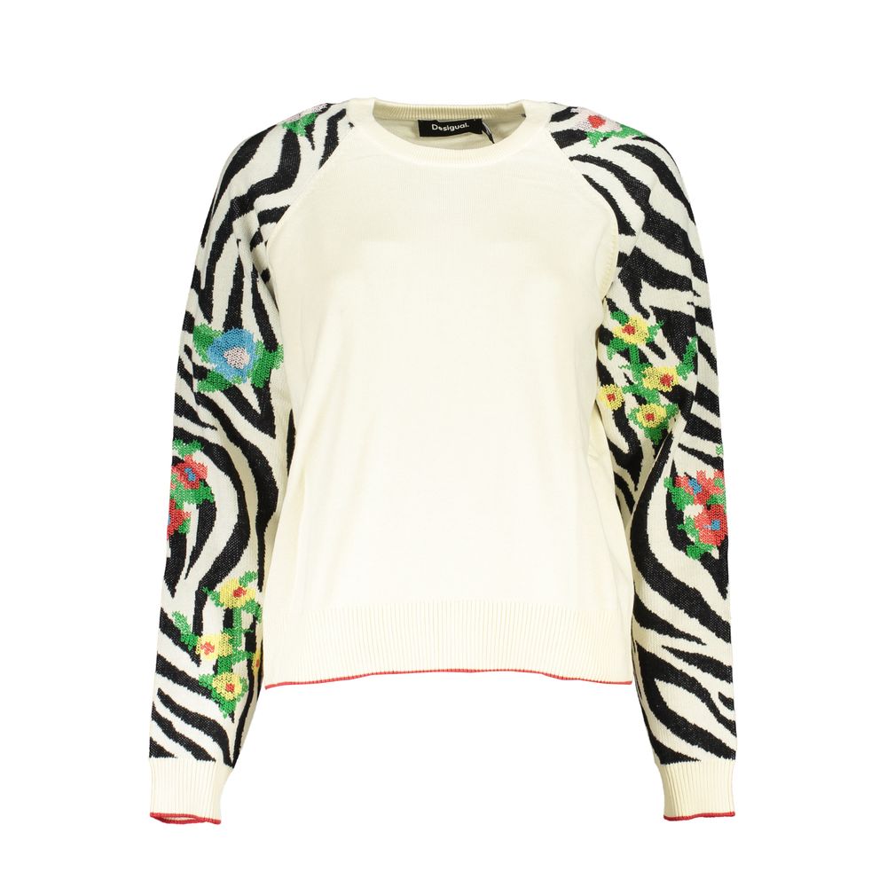 Desigual Elegant White Crew Neck Sweater with Contrast Details Desigual