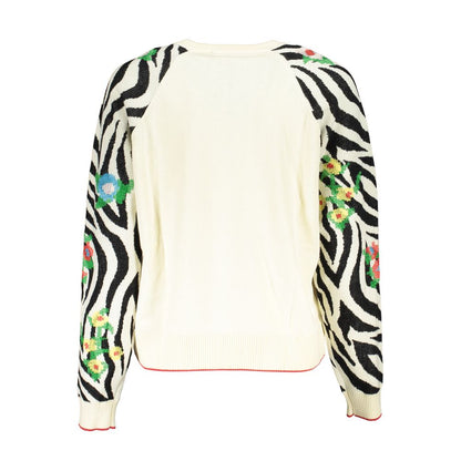 Desigual Elegant White Crew Neck Sweater with Contrast Details Desigual