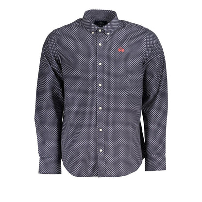 La Martina Blue Button-Down Cotton Shirt with Embroidery La Martina