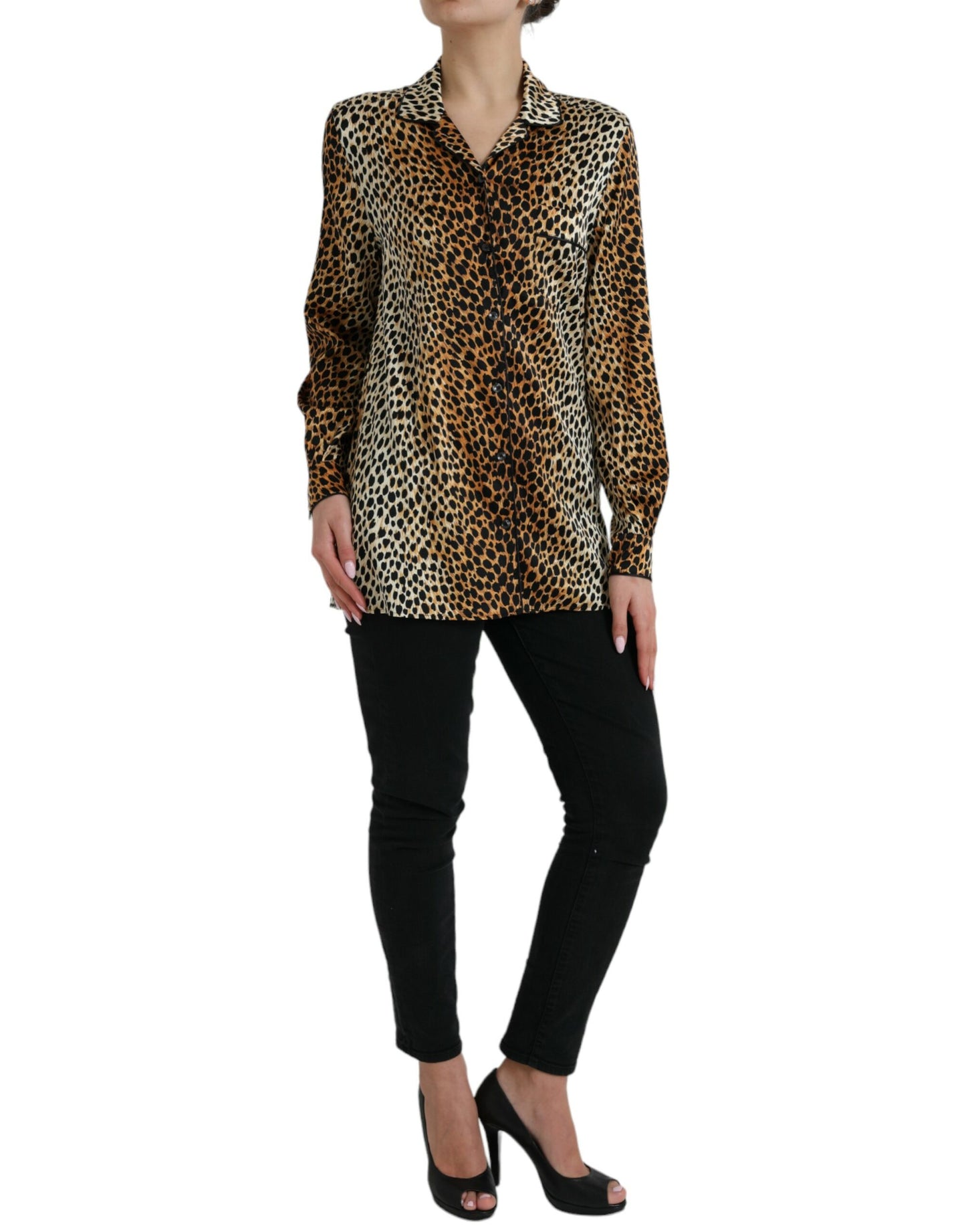 Dolce & Gabbana Elegant Brown Animal Print Silk Blouse Dolce & Gabbana