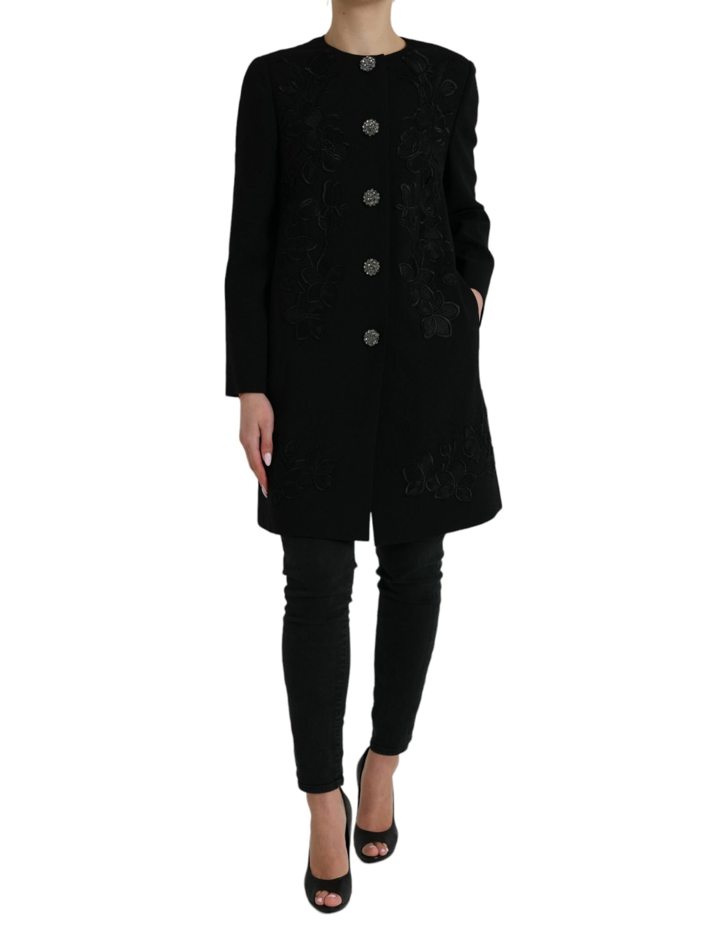 Dolce & Gabbana Elegant Floral Buttoned Wool Trench Coat Dolce & Gabbana