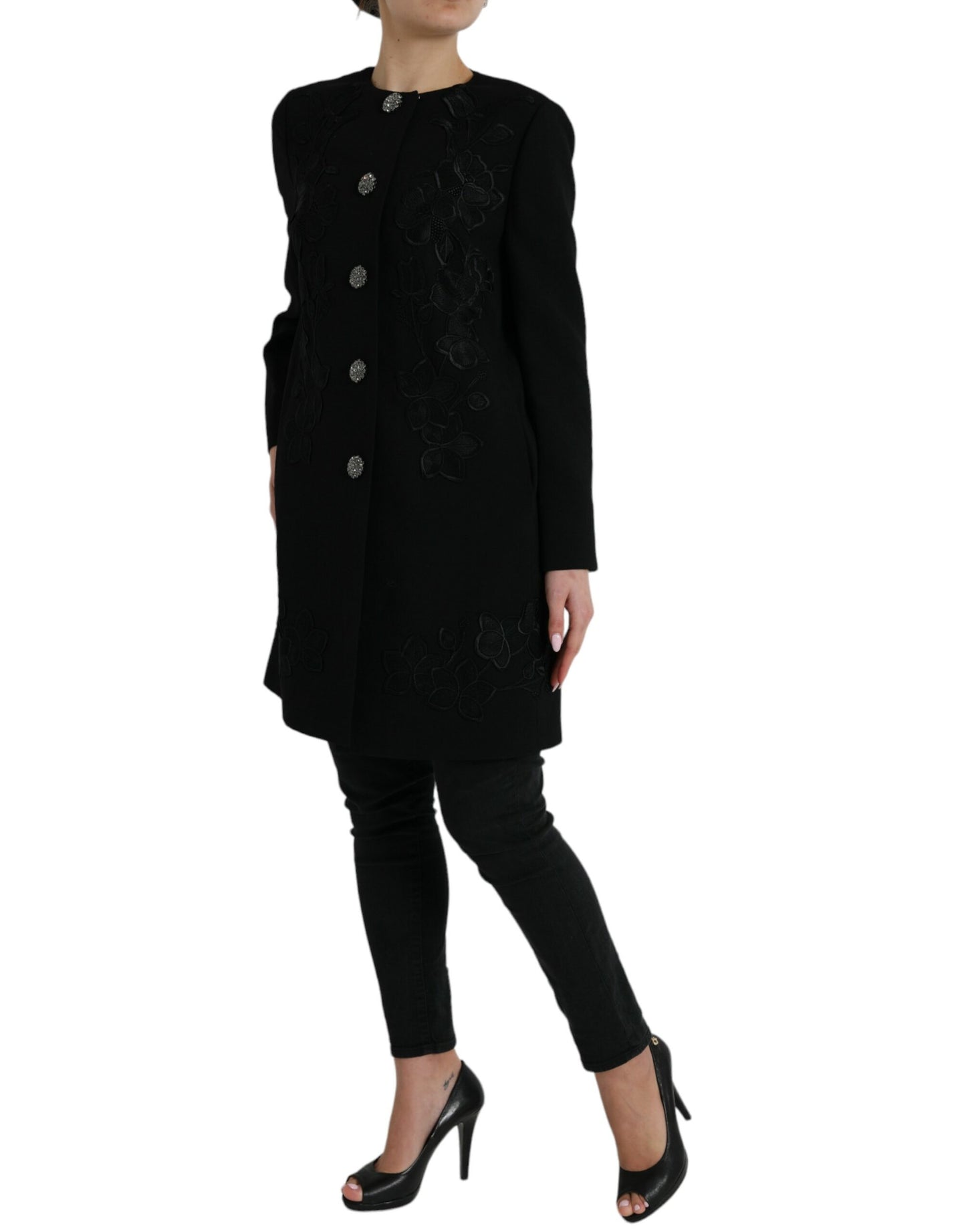 Dolce & Gabbana Elegant Floral Buttoned Wool Trench Coat Dolce & Gabbana