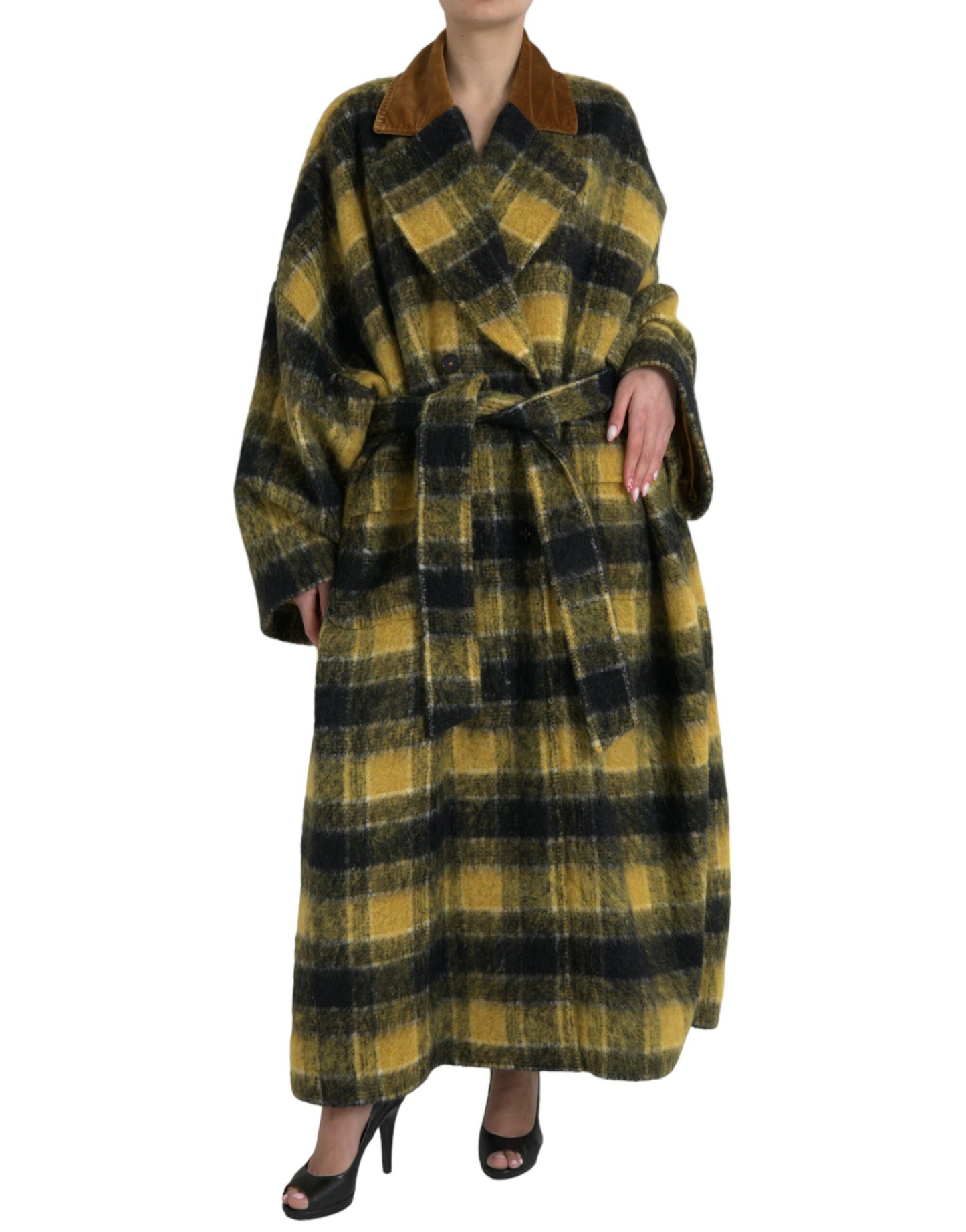 Dolce & Gabbana Chic Checkered Long Trench Coat in Sunny Yellow Dolce & Gabbana