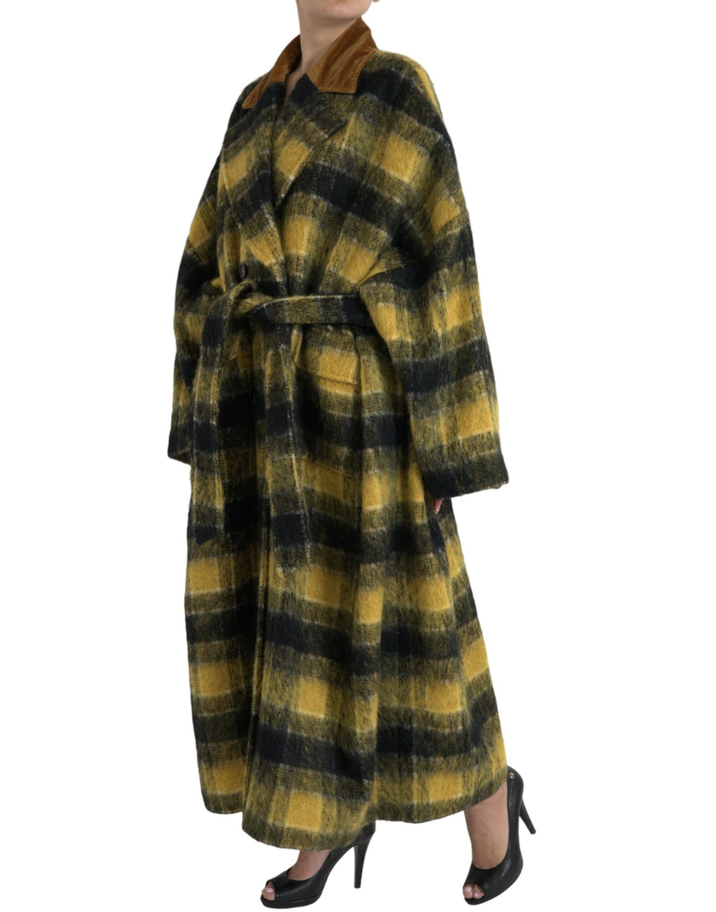 Dolce & Gabbana Chic Checkered Long Trench Coat in Sunny Yellow Dolce & Gabbana