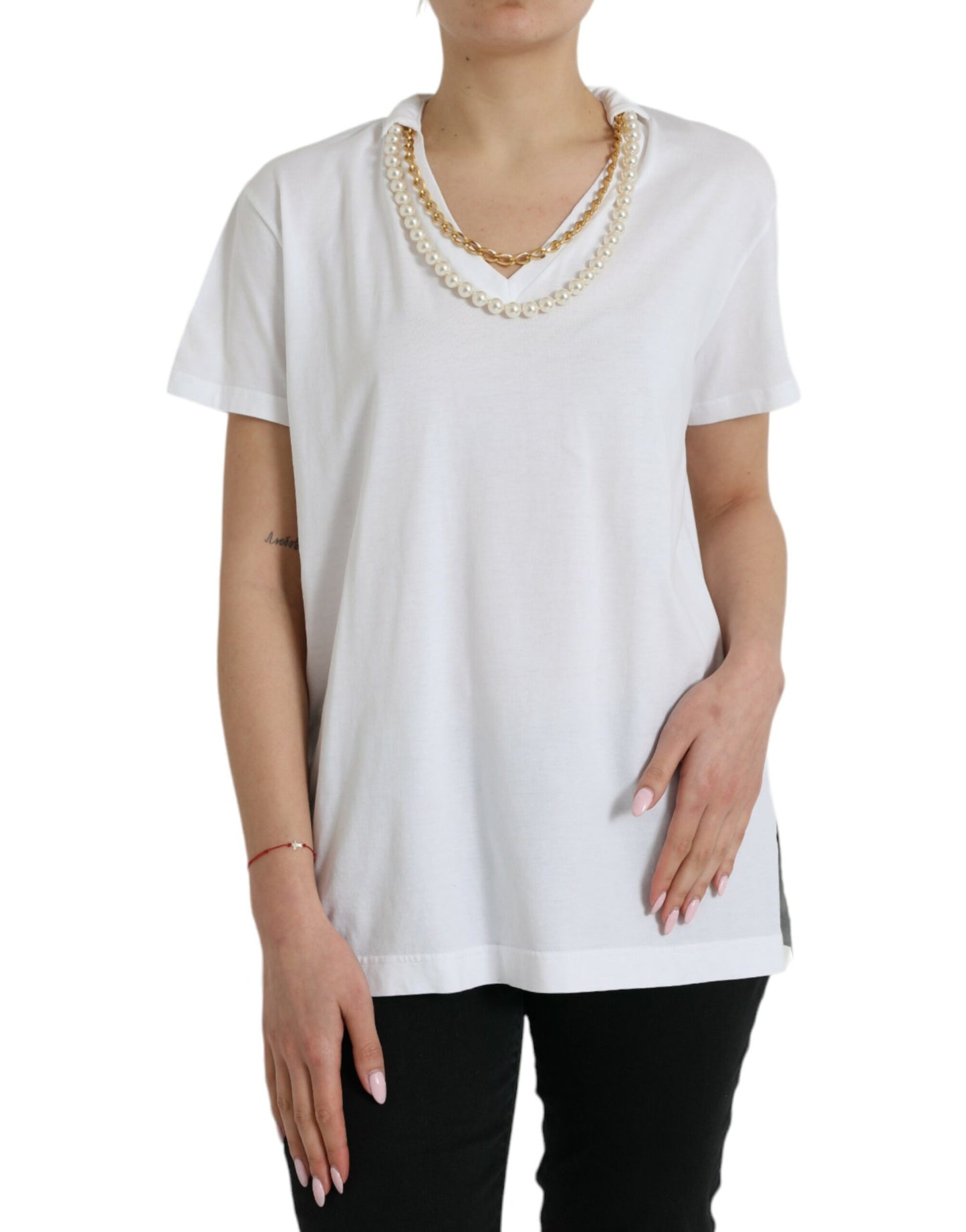 Dolce & Gabbana Elegant White Cotton Tee with Necklace Detail Dolce & Gabbana