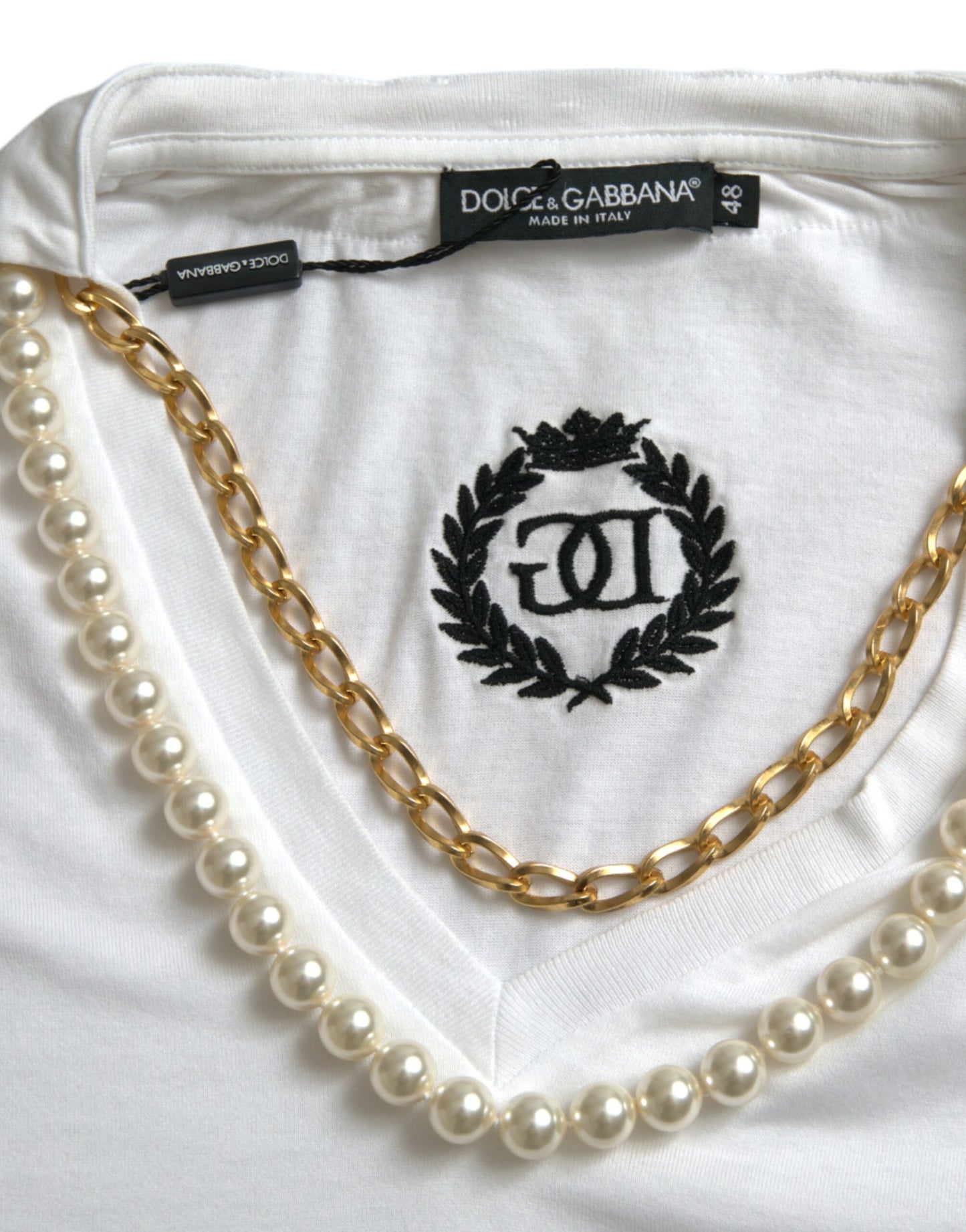 Dolce & Gabbana Elegant White Cotton Tee with Necklace Detail Dolce & Gabbana