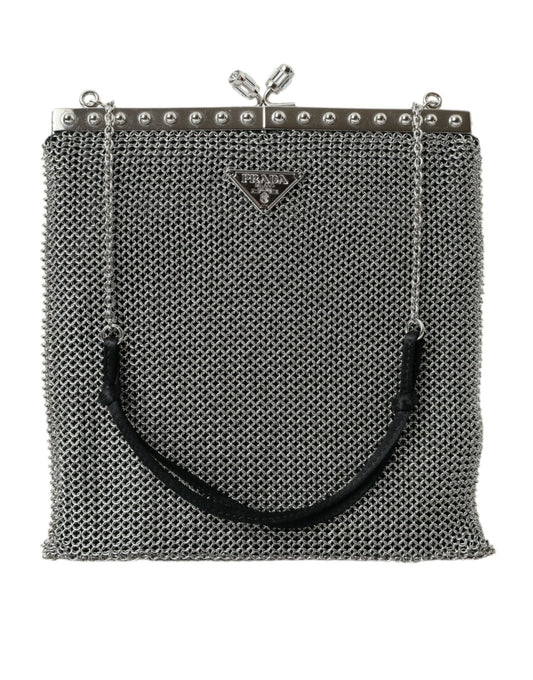 Prada Elegant Silver Mesh Shoulder Evening Bag Prada