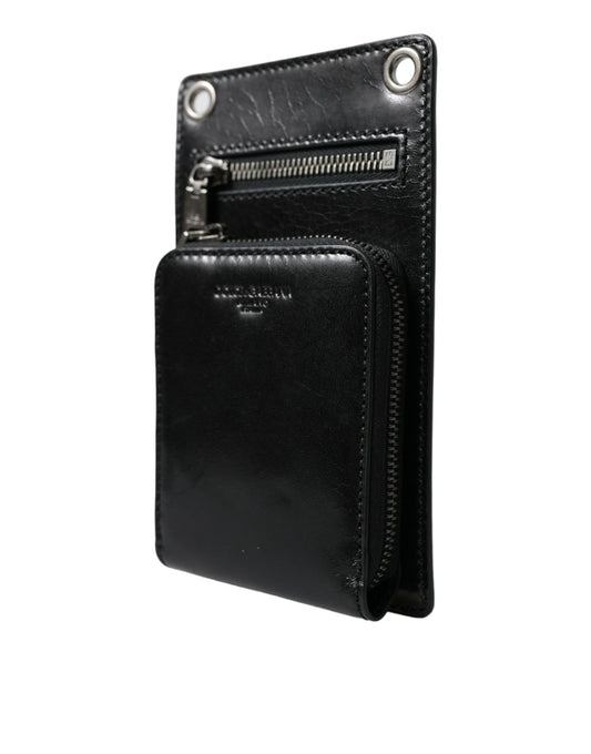 Dolce & Gabbana Black Calf Leather Zip Logo Shoulder Neck Strap Wallet Dolce & Gabbana