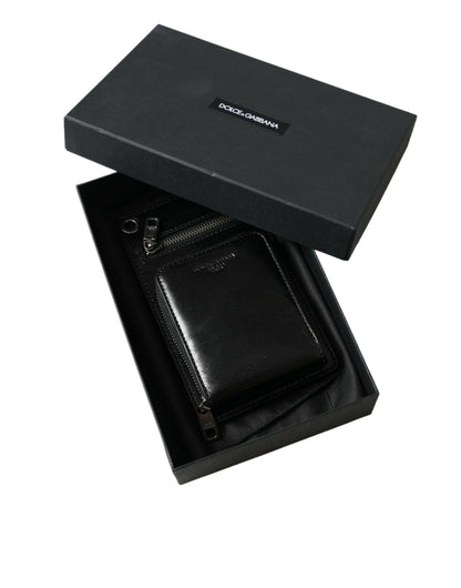 Dolce & Gabbana Black Calf Leather Zip Logo Shoulder Neck Strap Wallet Dolce & Gabbana