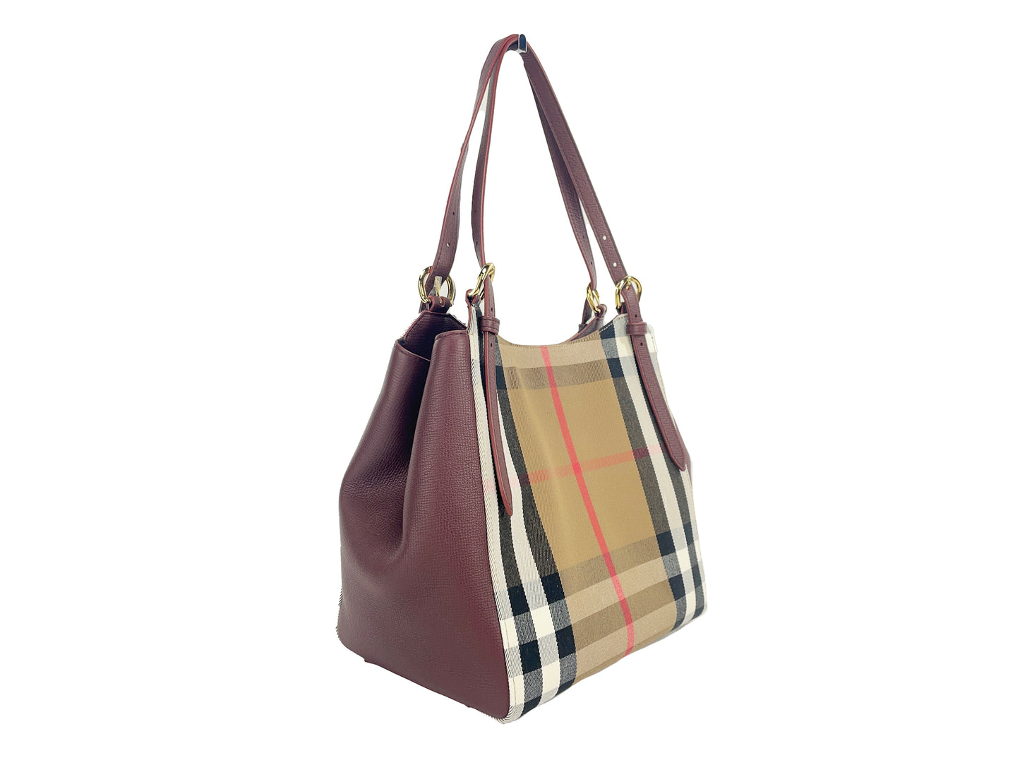 Burberry Small Canterby Mahogany Leather Check Canvas Tote Bag Purse Burberry