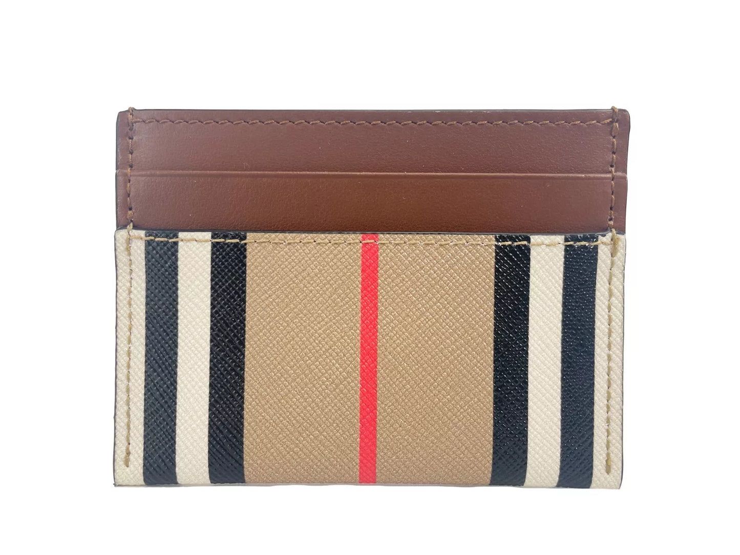 Burberry Sandon Tan Canvas Check Printed Leather Slim Card Case Wallet Burberry