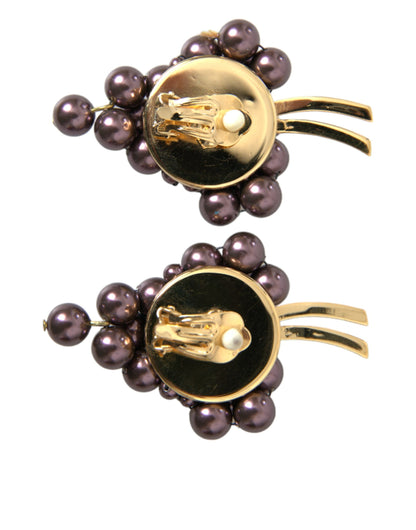 Dolce & Gabbana Purple Grape Pearl Sicily Gold Brass Floral Clip On Earrings Dolce & Gabbana