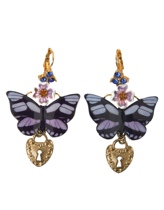 Dolce & Gabbana Gold Purple Crystal Butterfly Heart Locket Earrings Dolce & Gabbana