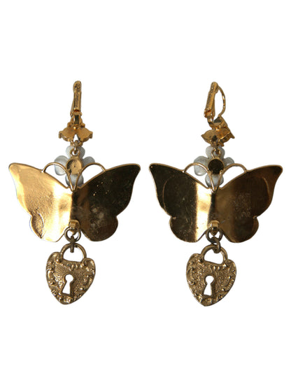 Dolce & Gabbana Gold Purple Crystal Butterfly Heart Locket Earrings Dolce & Gabbana