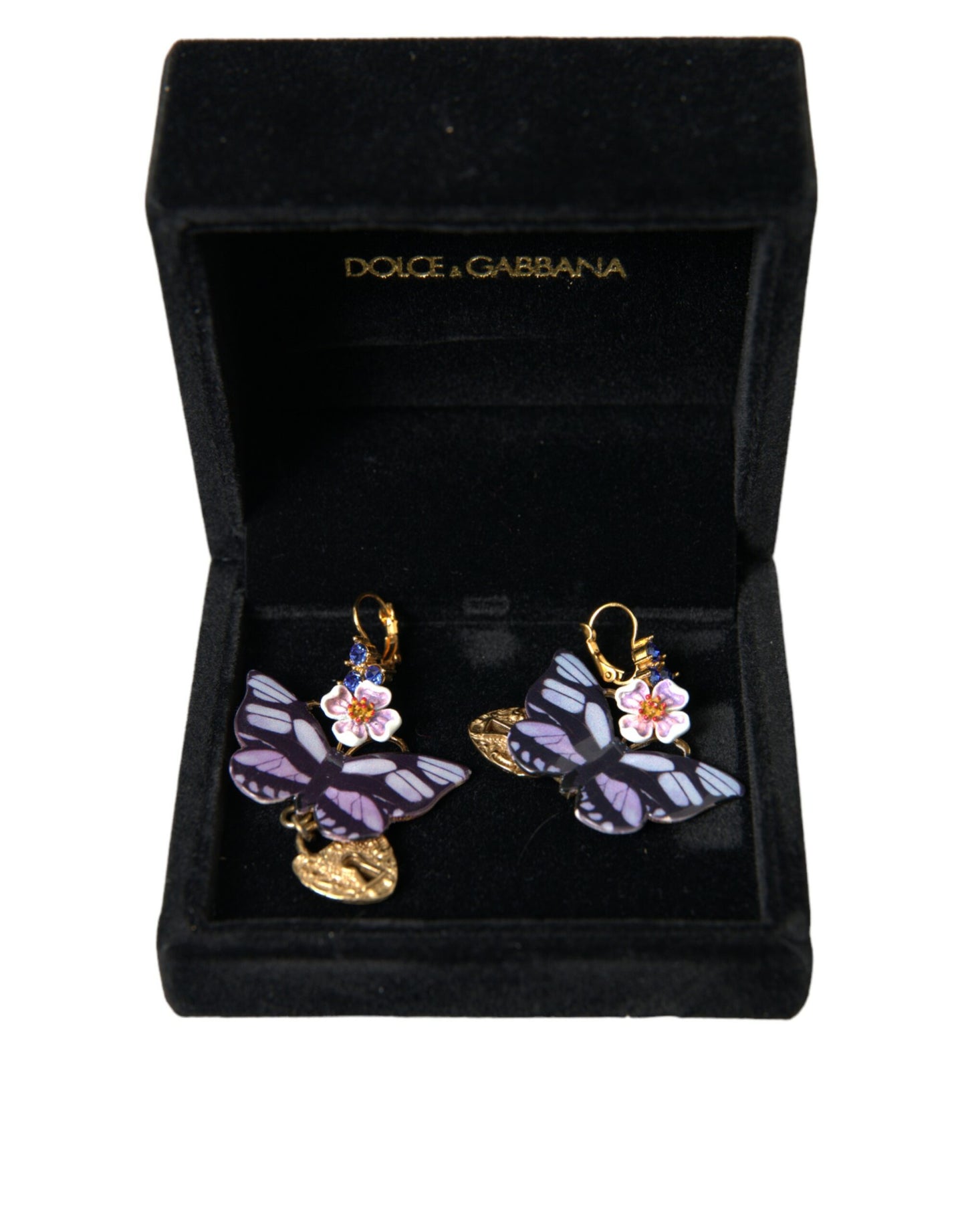 Dolce & Gabbana Gold Purple Crystal Butterfly Heart Locket Earrings Dolce & Gabbana