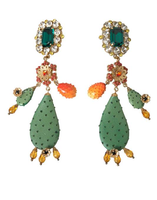 Dolce & Gabbana Green Cactus Crystal Clip On Jewelry Dangling Earrings Dolce & Gabbana