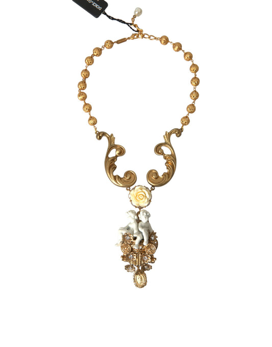 Dolce & Gabbana Gold Brass Angel Floral Beaded Embellished Necklace Dolce & Gabbana