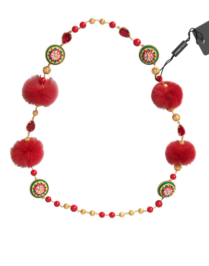 Dolce & Gabbana Gold Brass Red Fur Crystal Carretto Chain Necklace Dolce & Gabbana