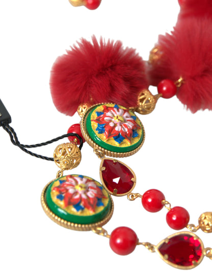 Dolce & Gabbana Gold Brass Red Fur Crystal Carretto Chain Necklace Dolce & Gabbana