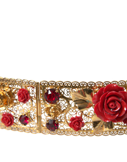 Dolce & Gabbana Gold Brass Red Roses Crystal Jewel Waist Belt Dolce & Gabbana