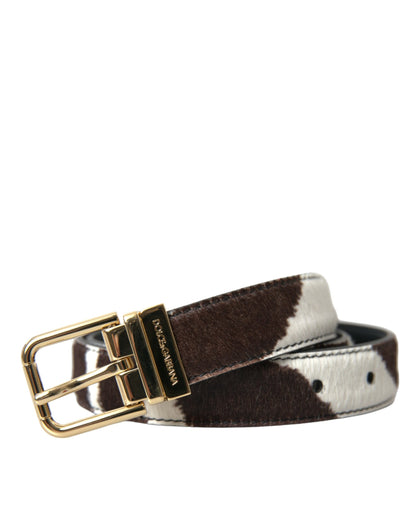 Dolce & Gabbana Brown White Zebra Pony Hair Gold Buckle Belt Dolce & Gabbana