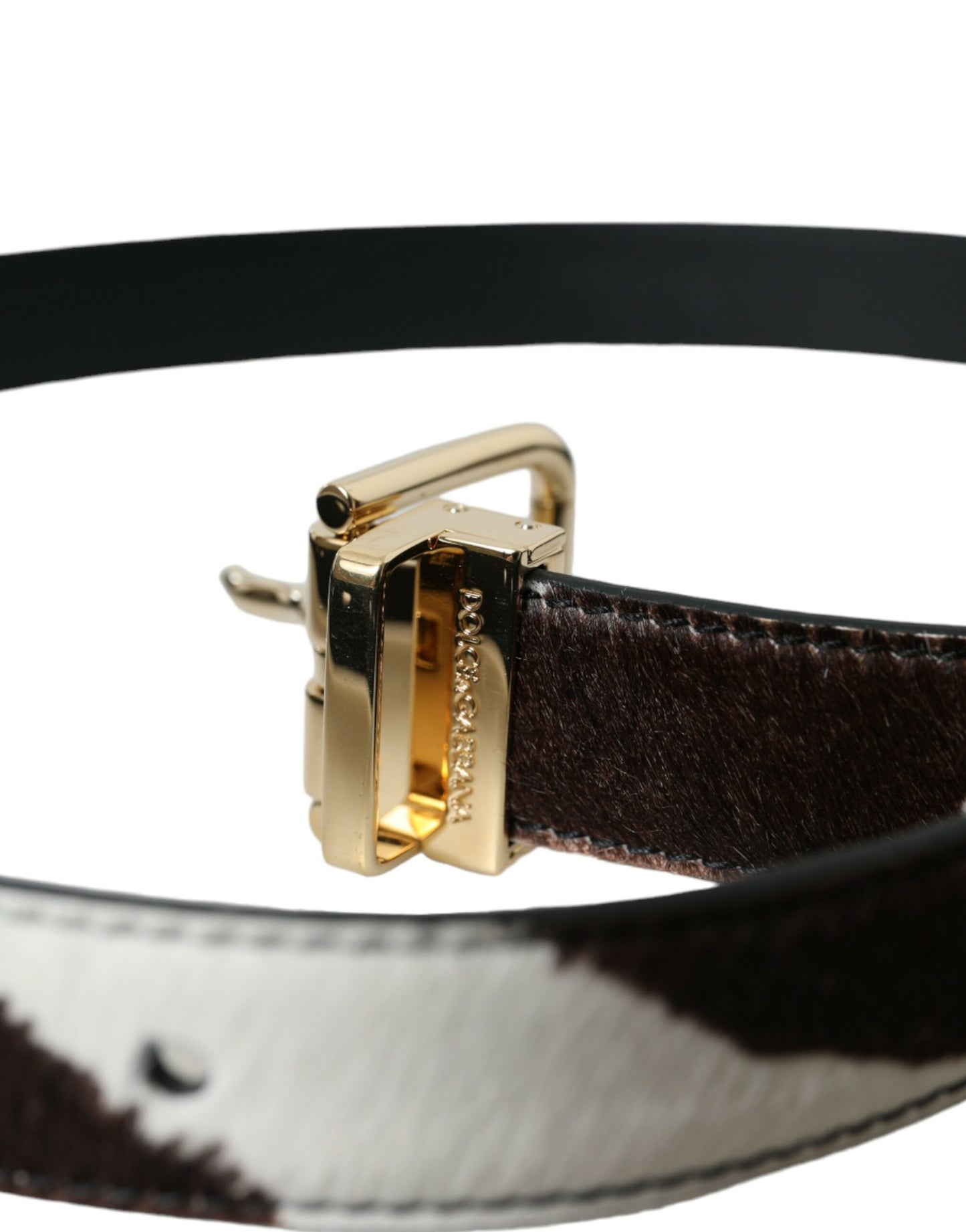 Dolce & Gabbana Brown White Zebra Pony Hair Gold Buckle Belt Dolce & Gabbana