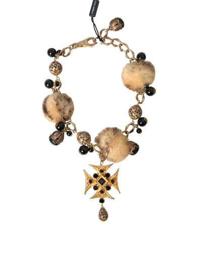 Dolce & Gabbana Gold Black Crystals Lapin Fur Filigree Chocker Necklace Dolce & Gabbana