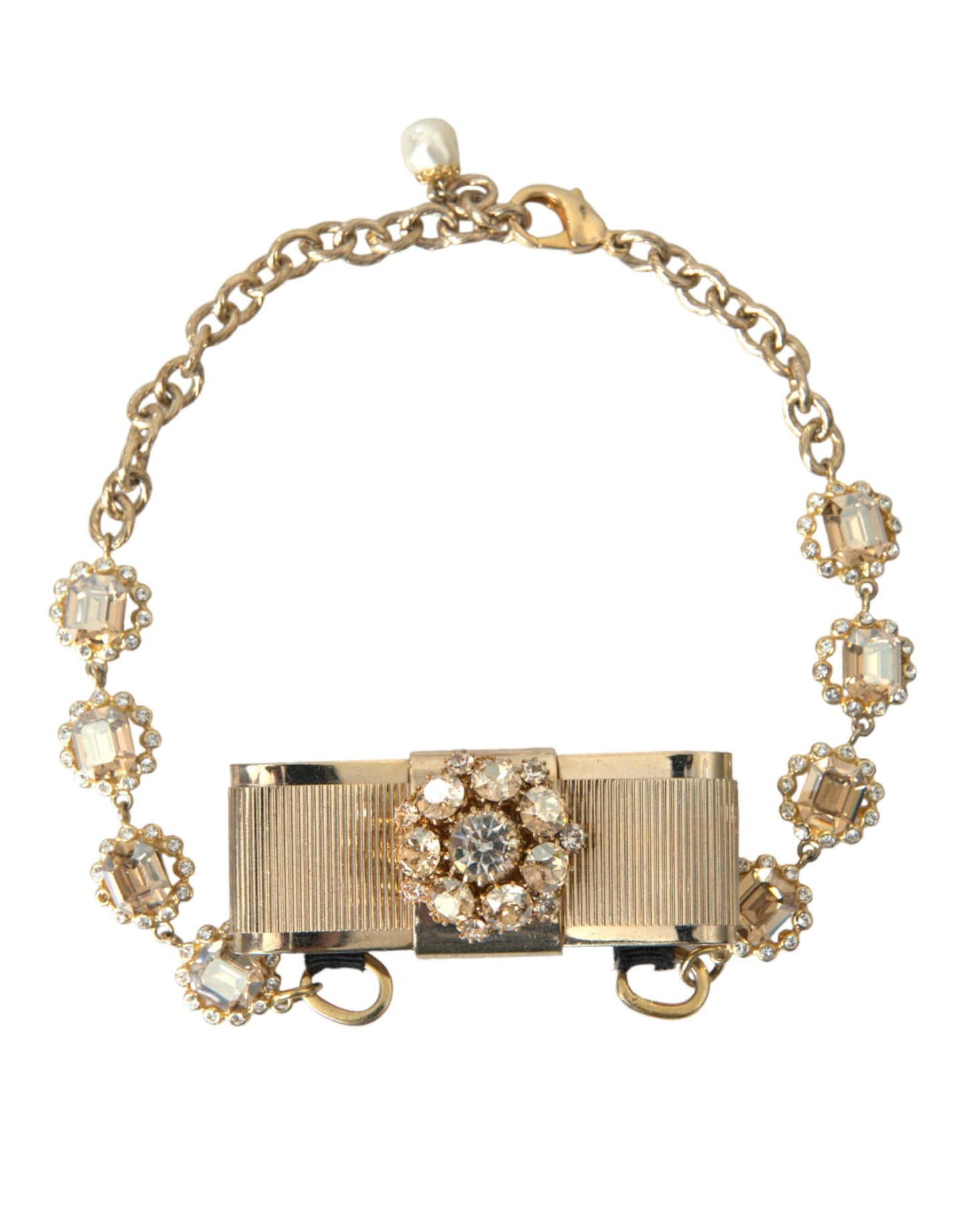 Dolce & Gabbana Gold Brass Clear Crystal Bow Chain Choker Necklace Dolce & Gabbana